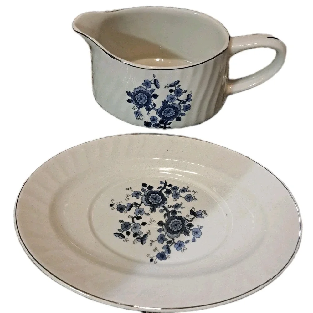 Royal Blue Ironstone Enoch Wedgwood England Gravy Boat w Underplate Pre-owned